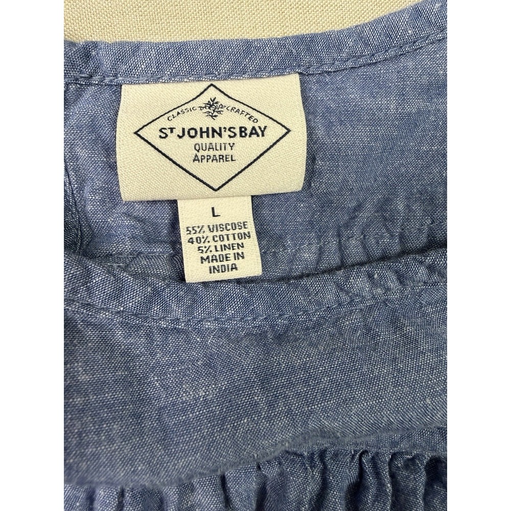 St Johns Bay Blue Chambray Linen Blend Peasant Boho Blouse Tunic Womens L Top - Picture 2 of 10
